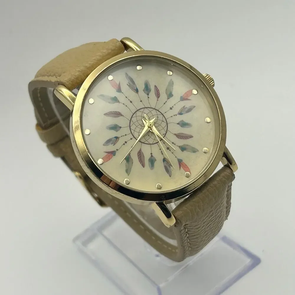 Dream Catcher Dial Gold Cream Leather Women’s Watch Working New Battery